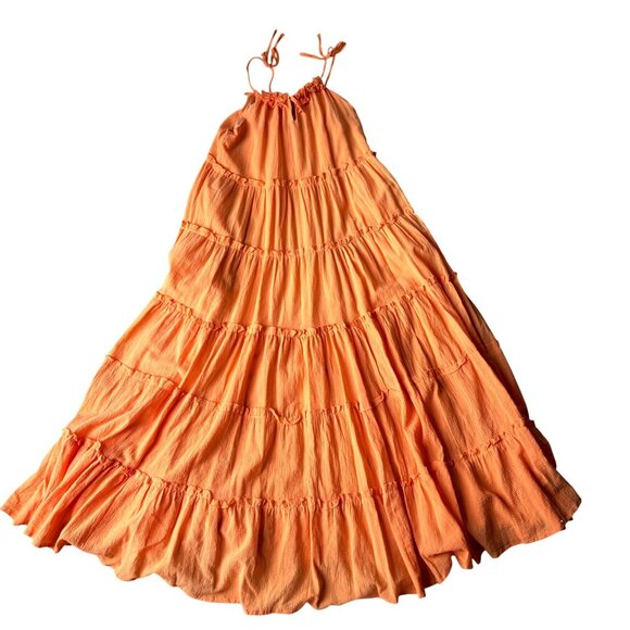 Charlie Holiday Orange Tiered Long Flowy Maxi Dress Cotton Tie Strap Size Small - Picture 4 of 6